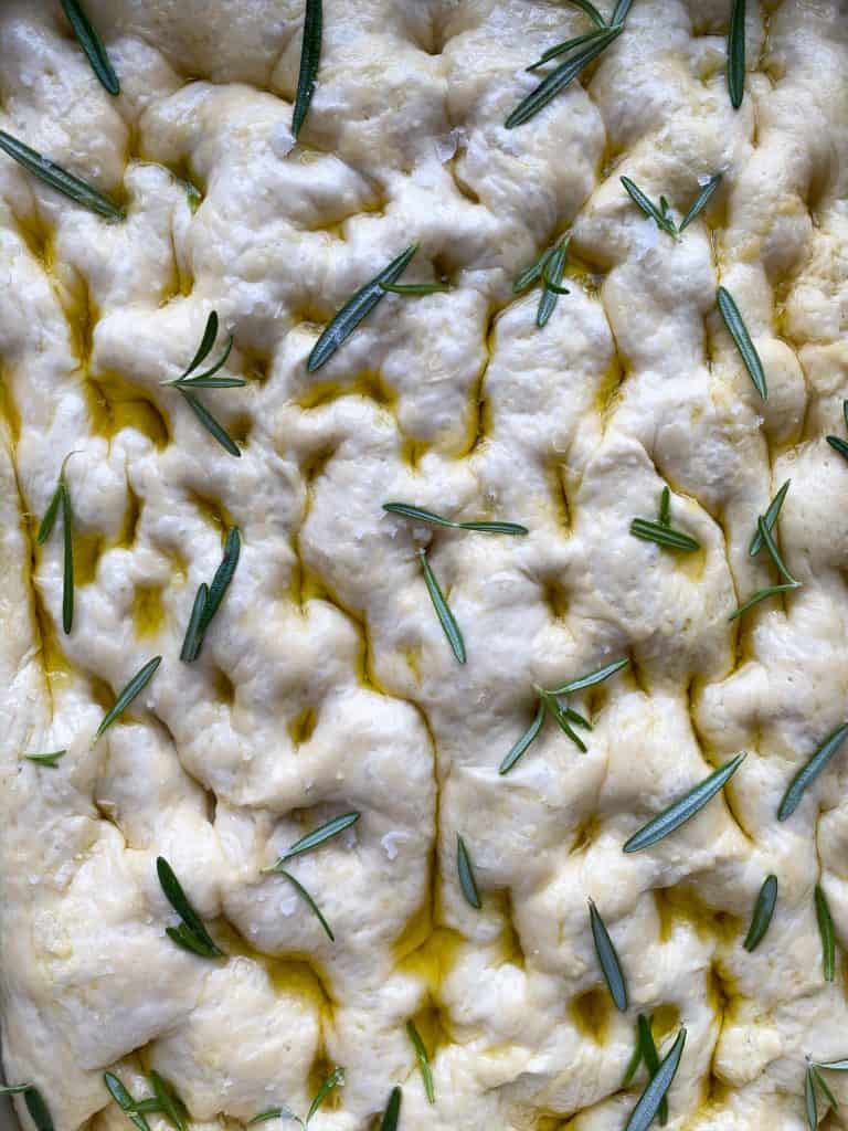 The surface of a Rosemary Focaccia Bread