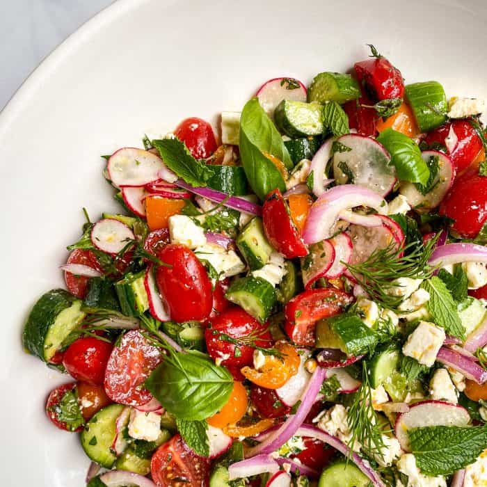 Greek Salad with Herb Marinated Feta on a large saLAD PLATTER