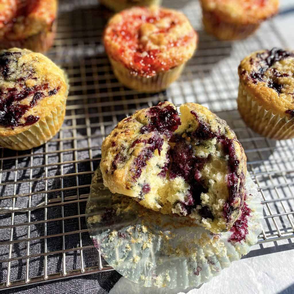 Basic buttermilk Muffins swirled with blueberry and strawberry jam