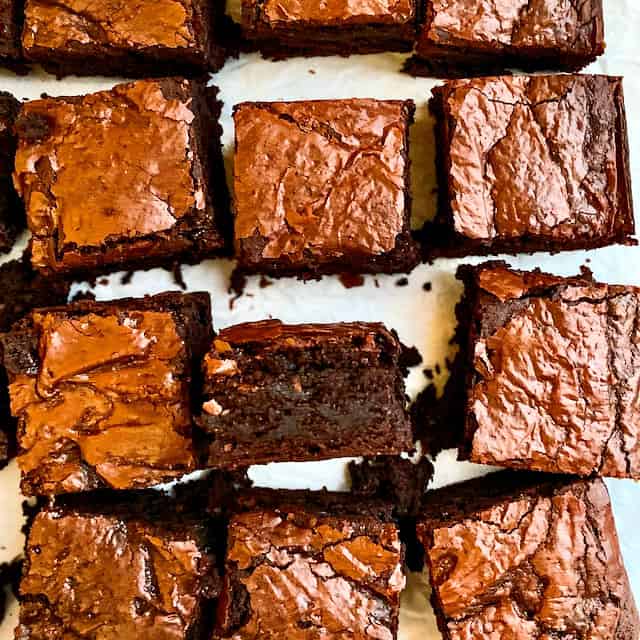 Close up image of sliced classic fudge brownies
