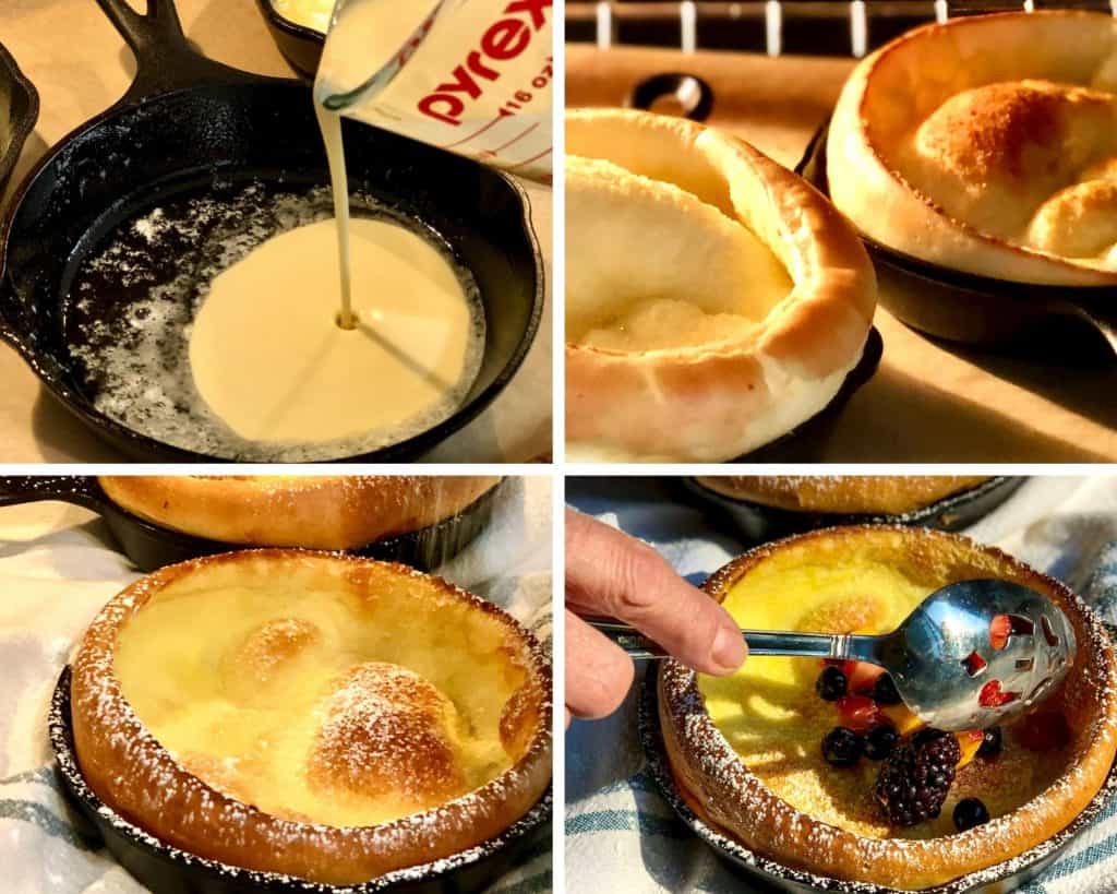 Four photos showing the steps of making dutch babies; pouring batter into a hot cast iron pan, watching them rise, sprinkling powdered sugar, and filling finished dutch babies with fruit.
