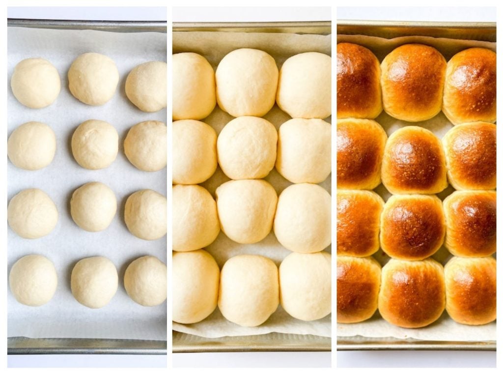 Side by side images of unrisen, risen, and baked dinner rolls.