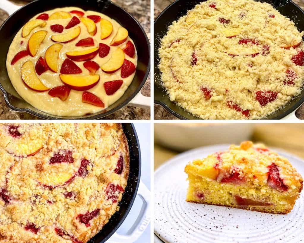 A photo collage showing the layering of fruit on a cornbread cake, sprinkling streusel on the cake, the finished Strawberry-Peach Cornbread Buckle Cake, and a slice of the cake
