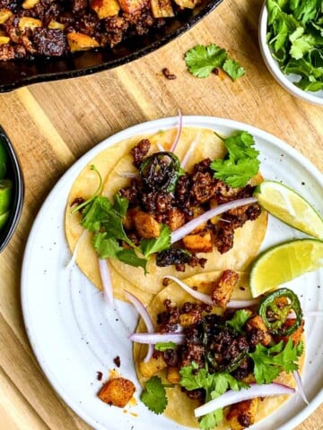 Chorizo and Potato Tacos with lime and cilantro