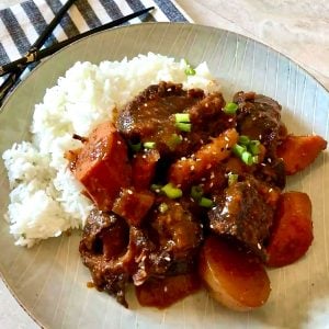 Korean braised short ribs and root vegetables over rice.