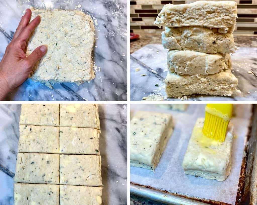 A photo collage showing shaping biscuit dough, stacking squares of dough together, cutting and egg washing biscuits