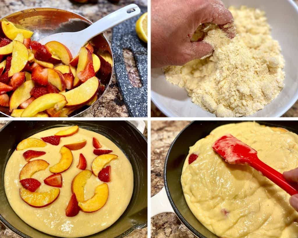 A photo collage depicting mixing peaches and strawberries together, making a cornmeal streusel, laying the fruit on a cornbread cake base, covering the fruit with more cornbread batter.