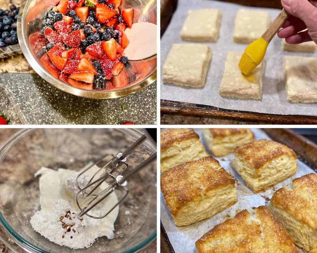 A collage of photos showing fruit being macerated, biscuits being egg-washed, Greek yogurt cream being whipped, and finished biscuits on a sheet tray.