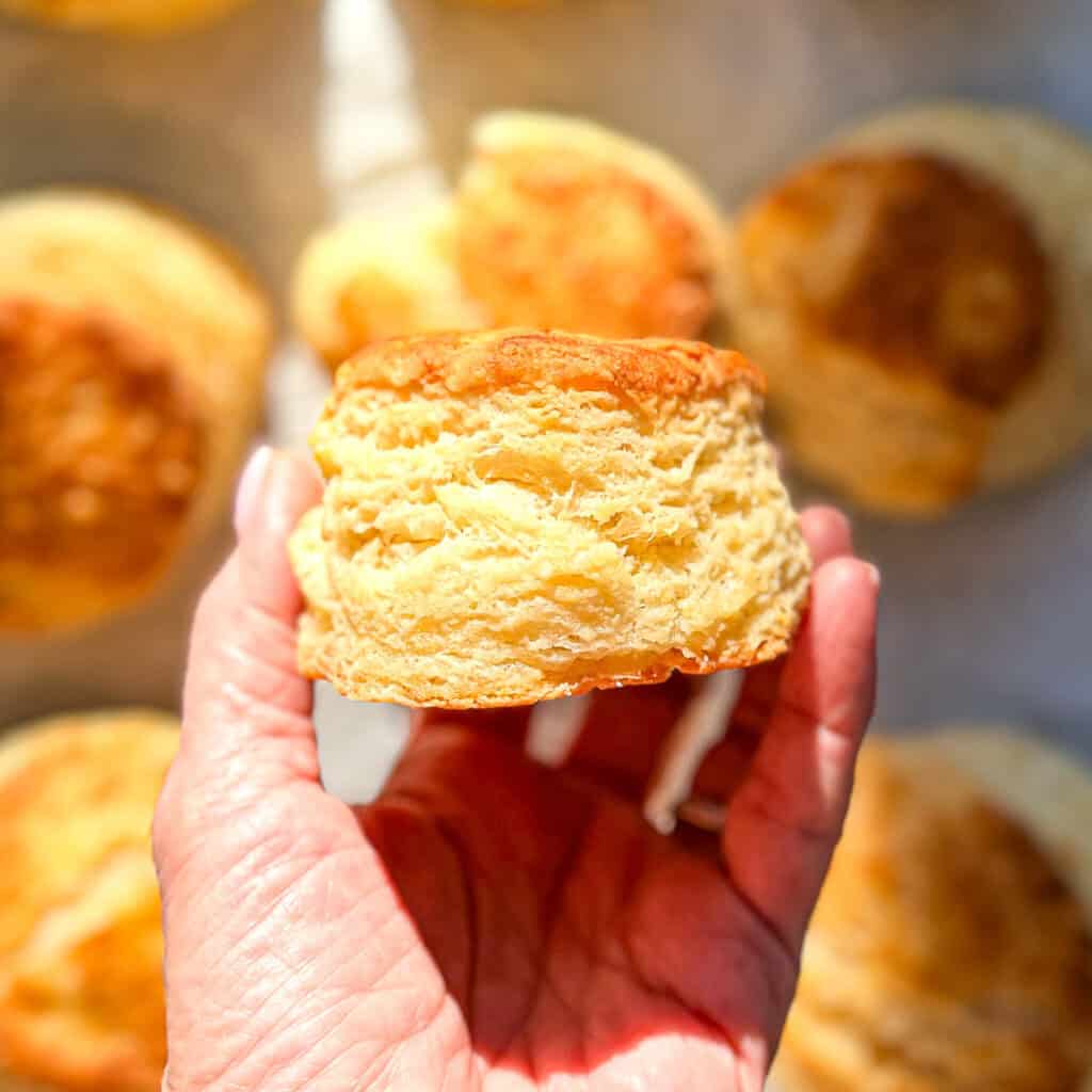 Hand holding a flaky buttermilk biscuit.