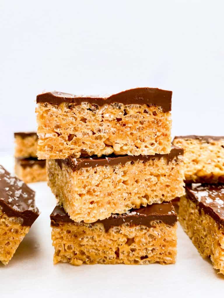 A stack of three Peanut Butter Chocolate Rice Krispie Treats.