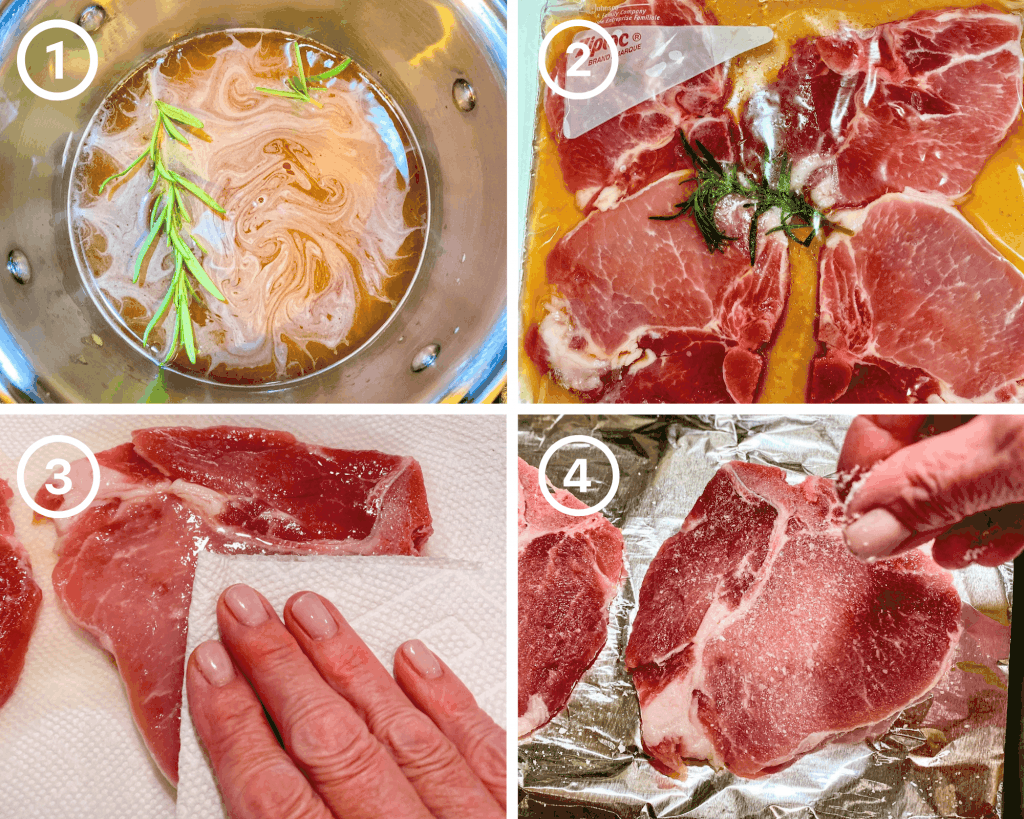 A composite photo fo teh steps in making a maple apple brined pork chop including, making the brine, marinating the chops, patting the pork chop dry, and seasoning the pork chop with salt.