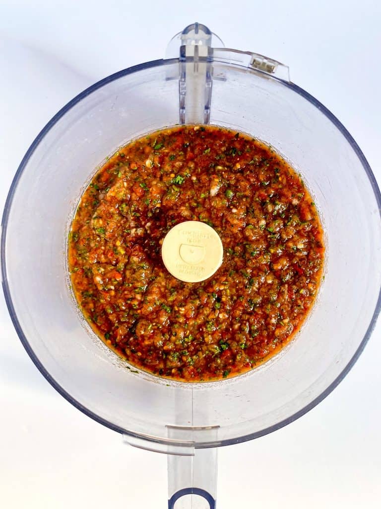 Restaurant style salsa in a food processor.