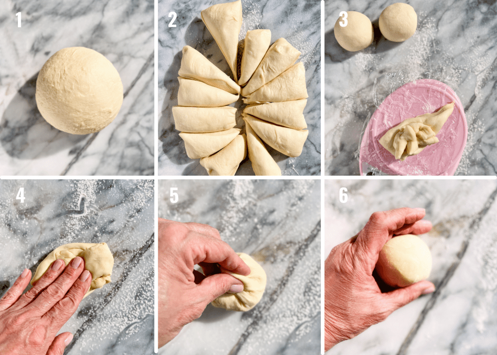 Collage of images depicting the steps for shaping soft and fluffy dinner rolls.