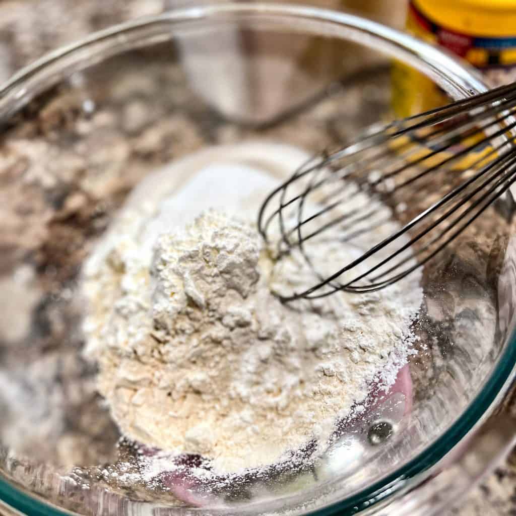 Pancake dry ingredients in a glass bowl.