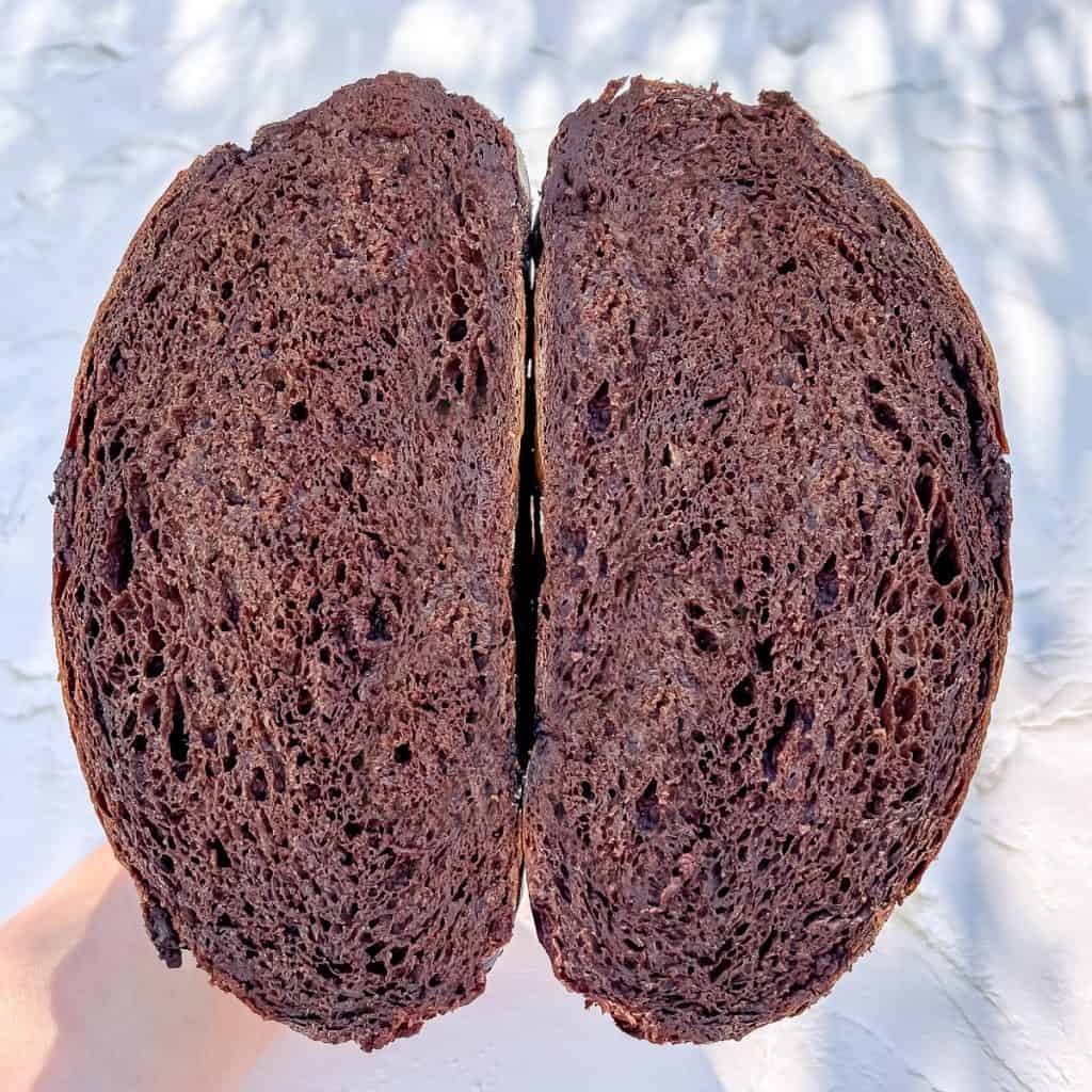 Inside cut view of double chocolate no-knead bread.