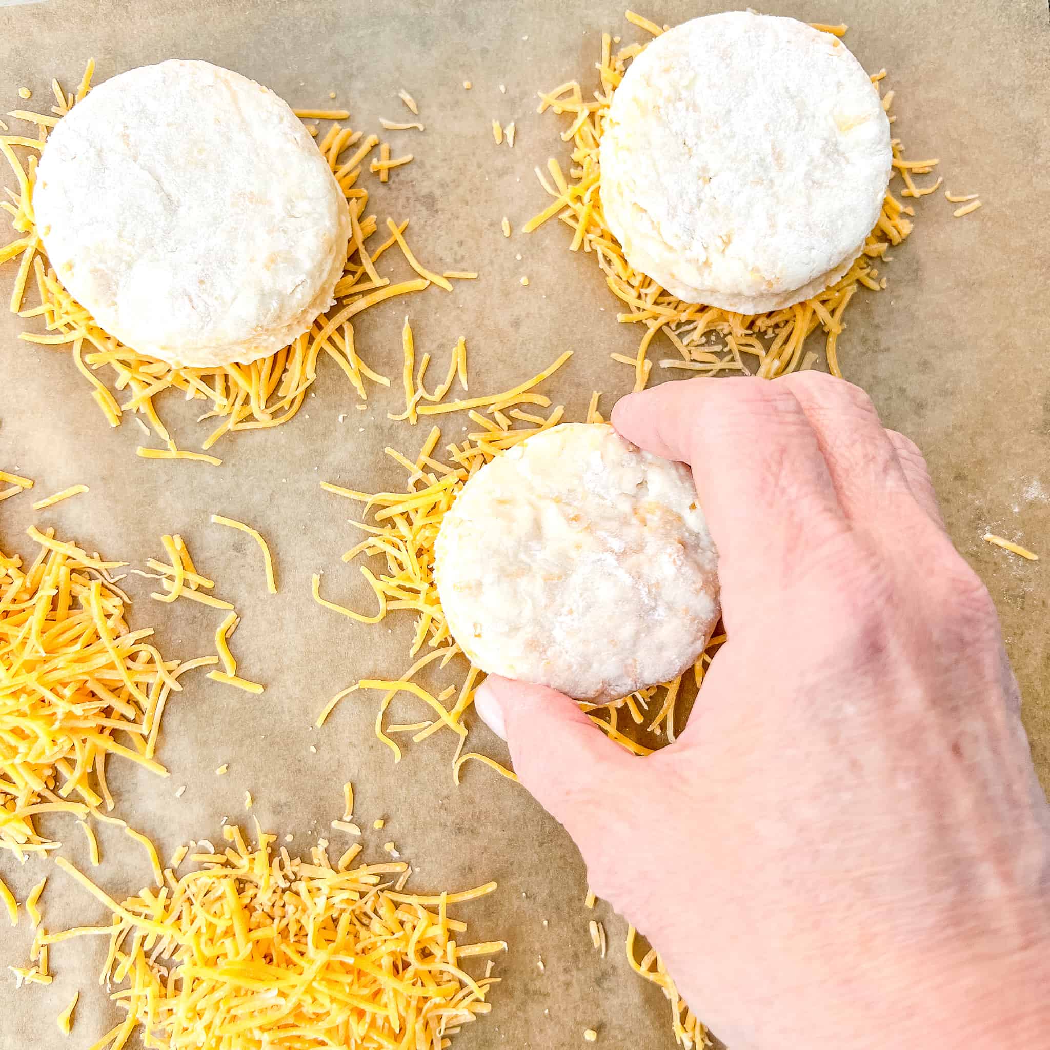 Placing biscuit on a pile of cheddar.