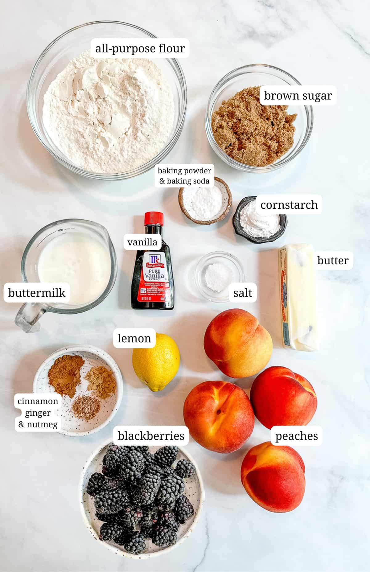 Labeled image of ingredients to make blackberry peach cobbler.