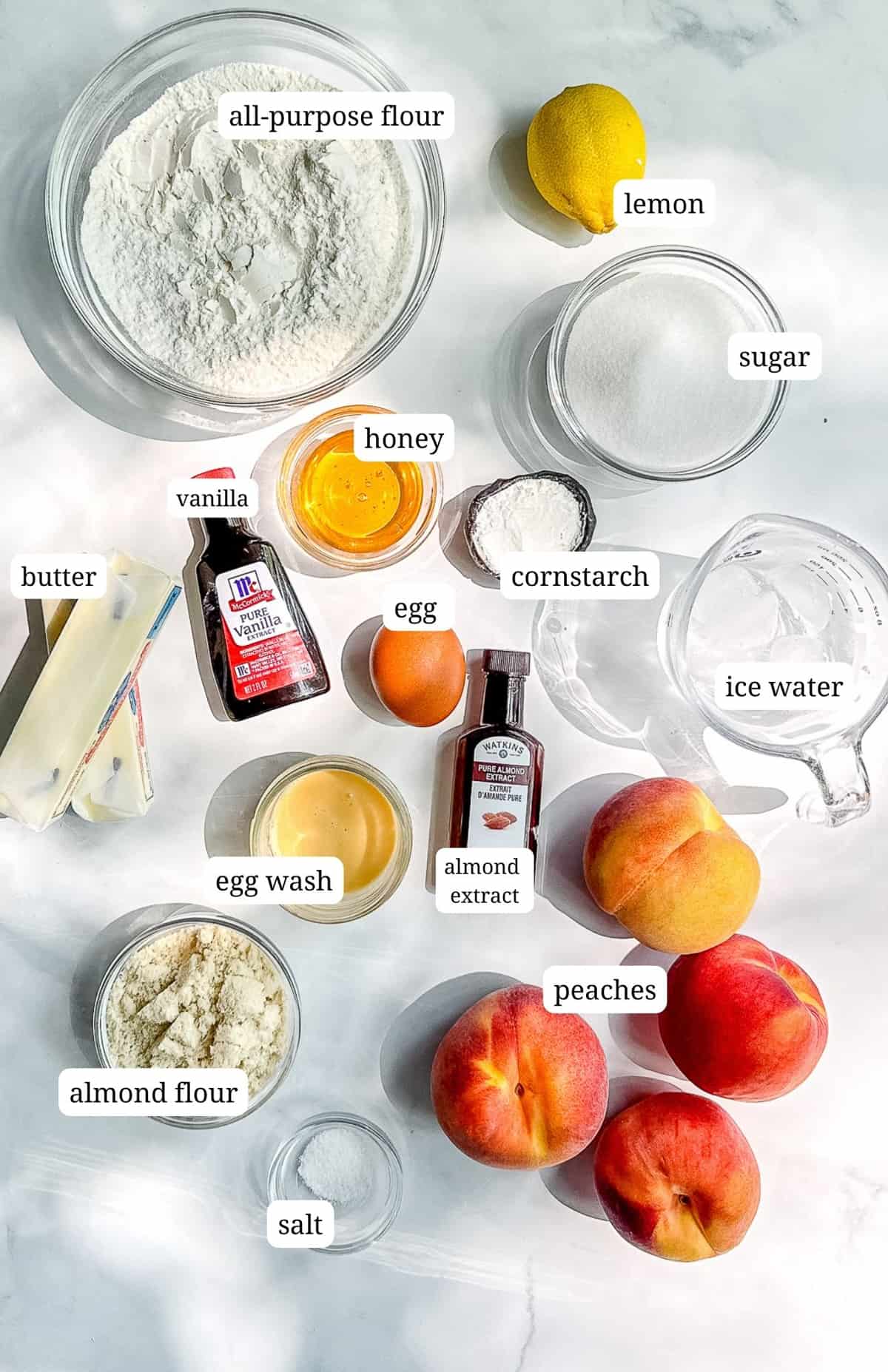Labeled image of ingredients needed tomake peach frangipane galette.