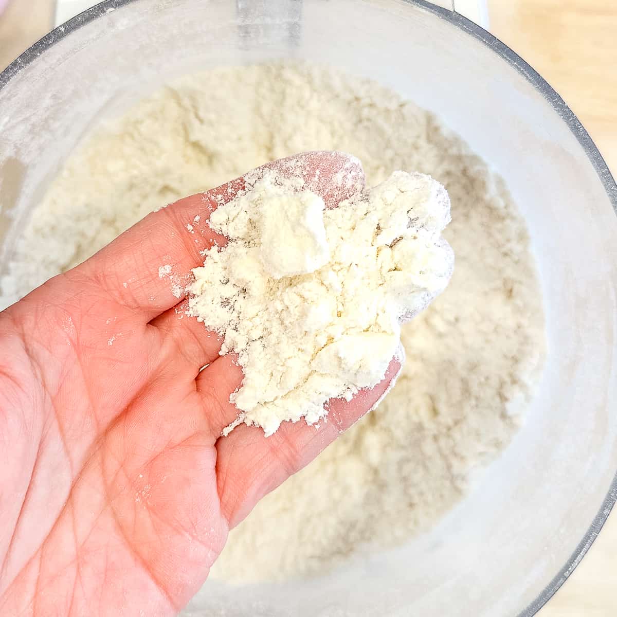 Texture of pie crust with butter cut into dry ingredients.