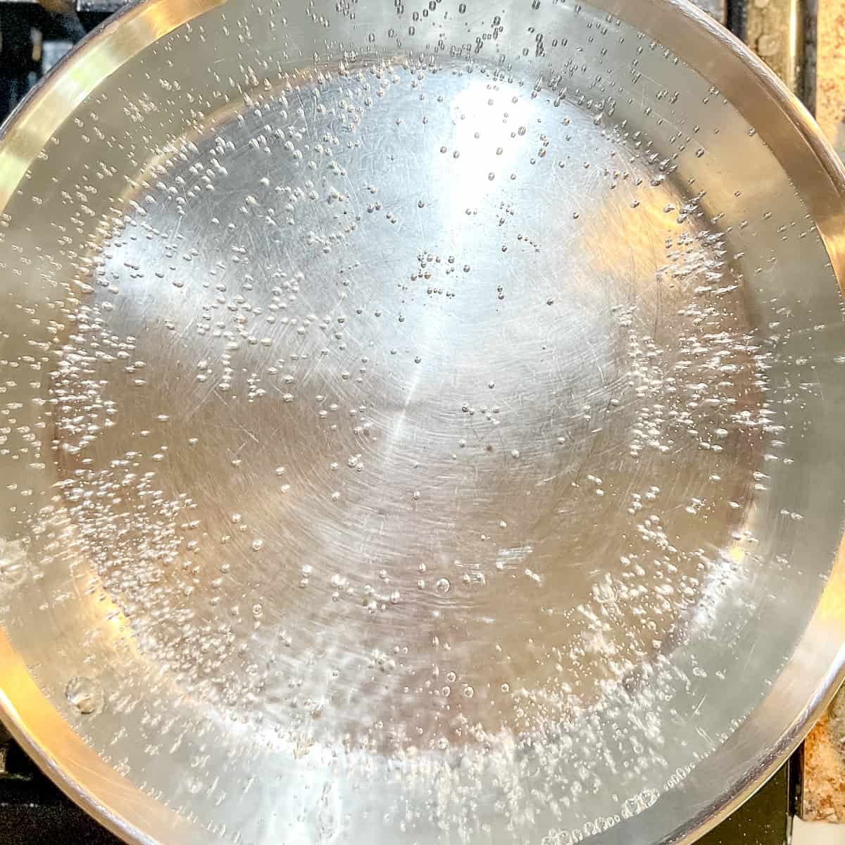 simmering water in a stainless steel skillet.