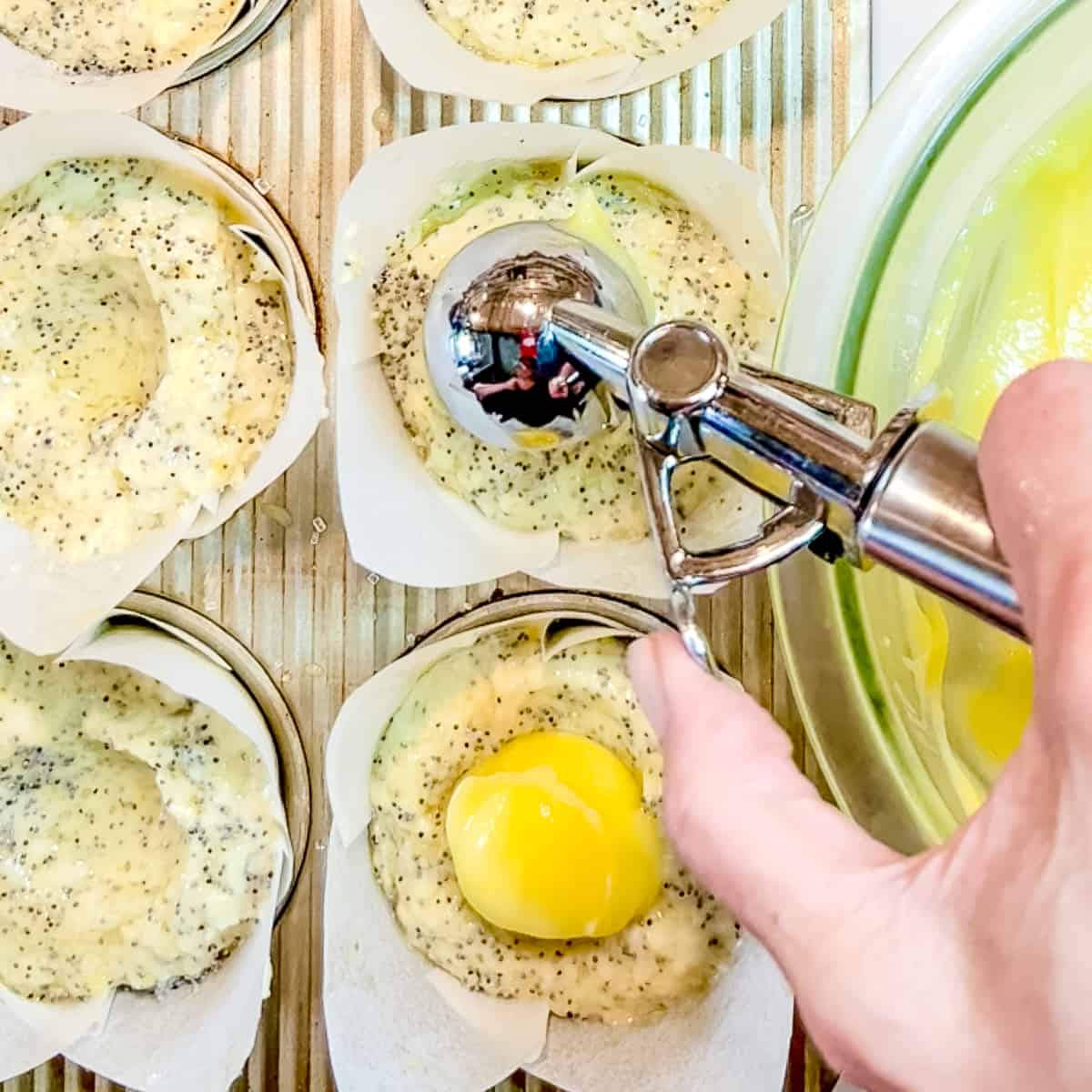 adding a scoop of lemon curd on top of lemon poppy seed muffins.