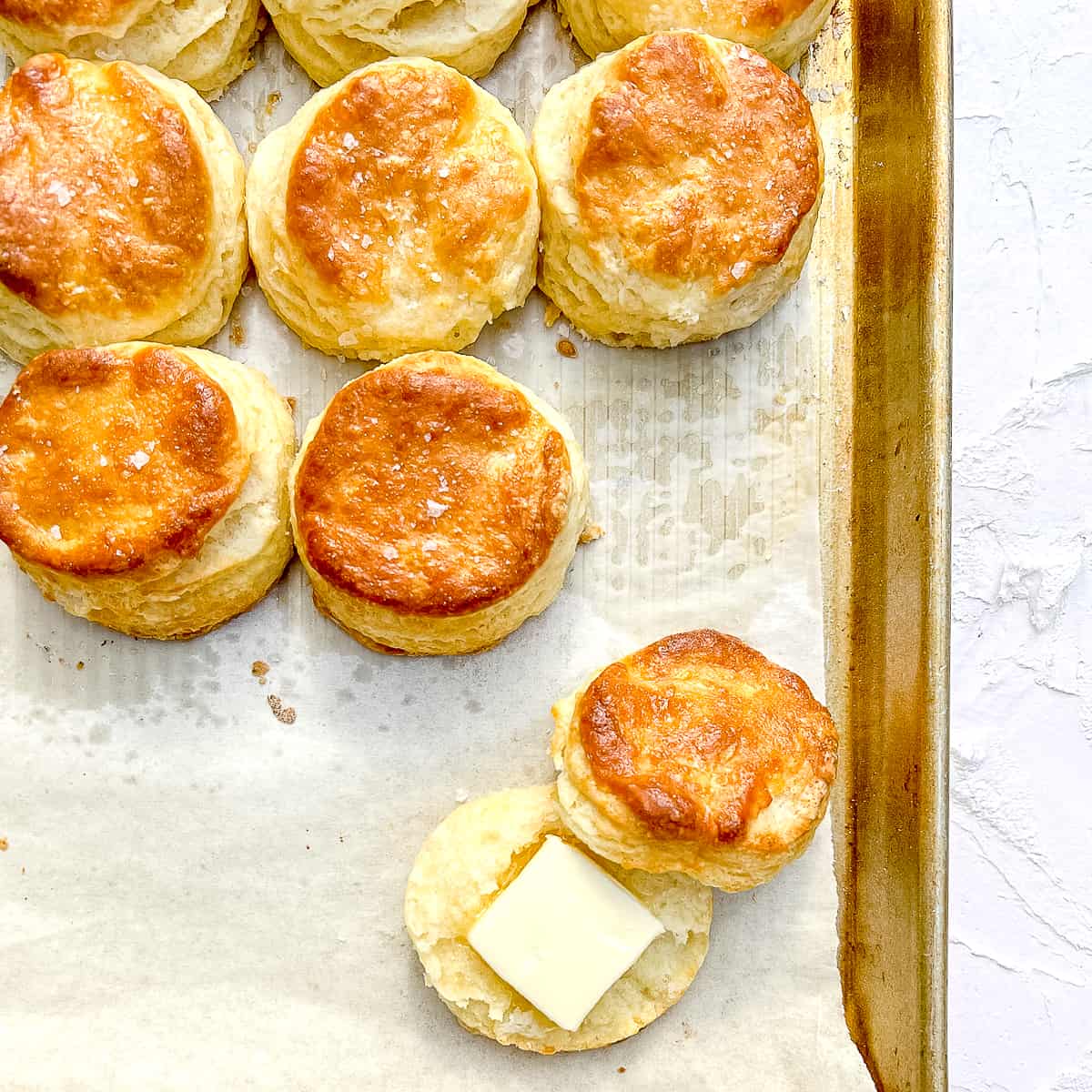 buttermilk biscuits on a sheet pan close up.