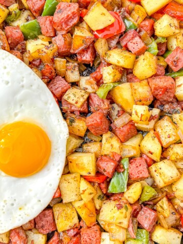 corned beef hash with a sunny side up egg.
