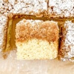close up side view of a piece of new jersey crumb cake.