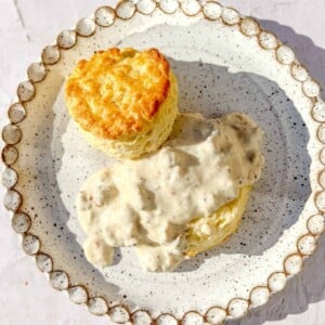 biscuits and gravy on a white speckled plate.