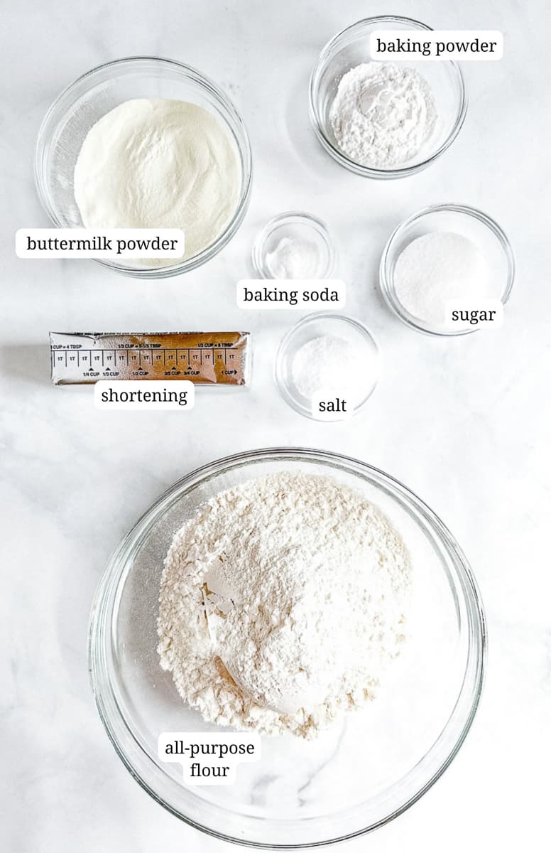 Ingredients for dry buttermilk biscuit mix.