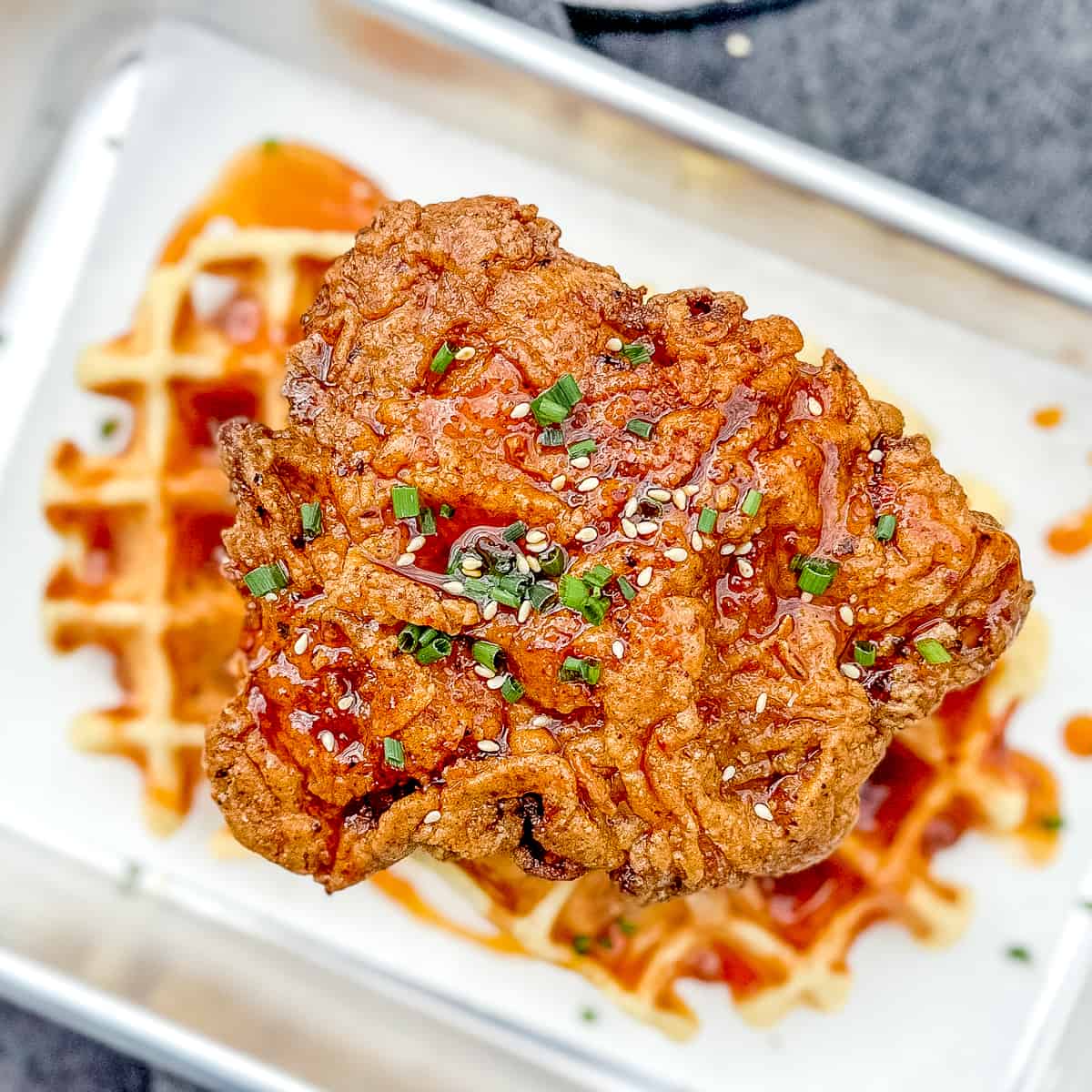 korean fried chicken on a waffle.