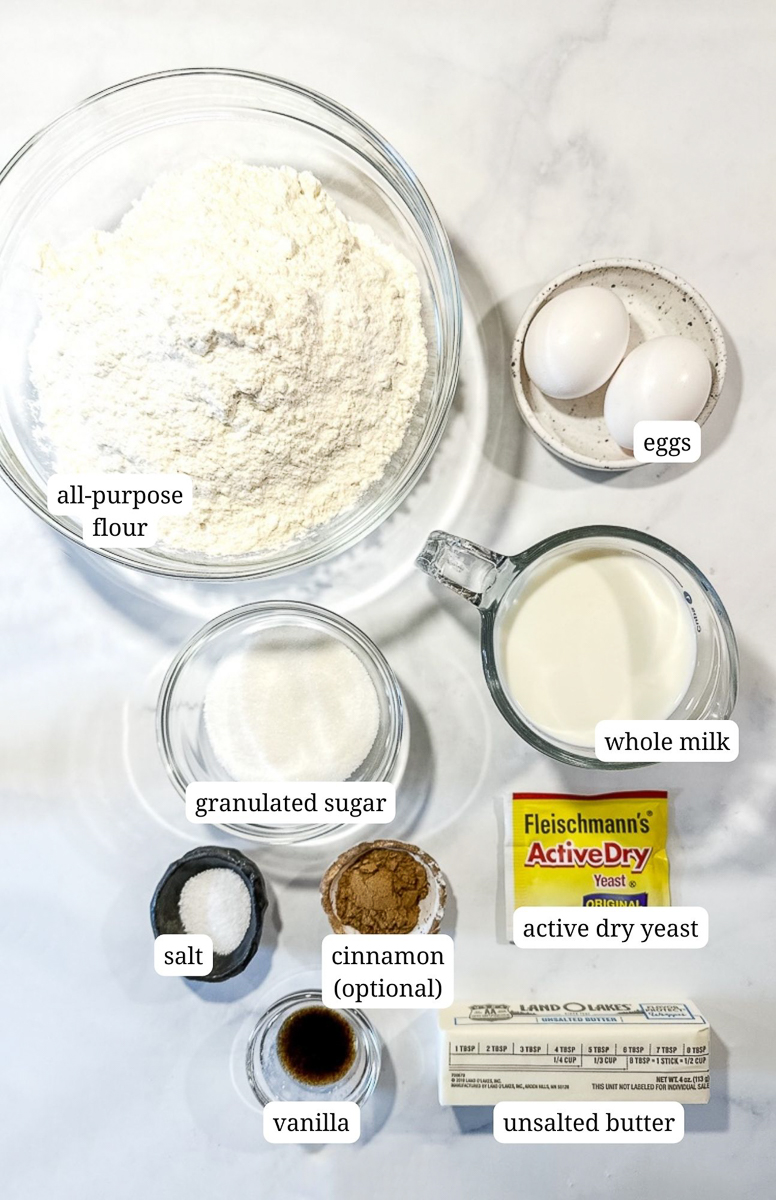 Ingredients to make homemade yeast donuts.