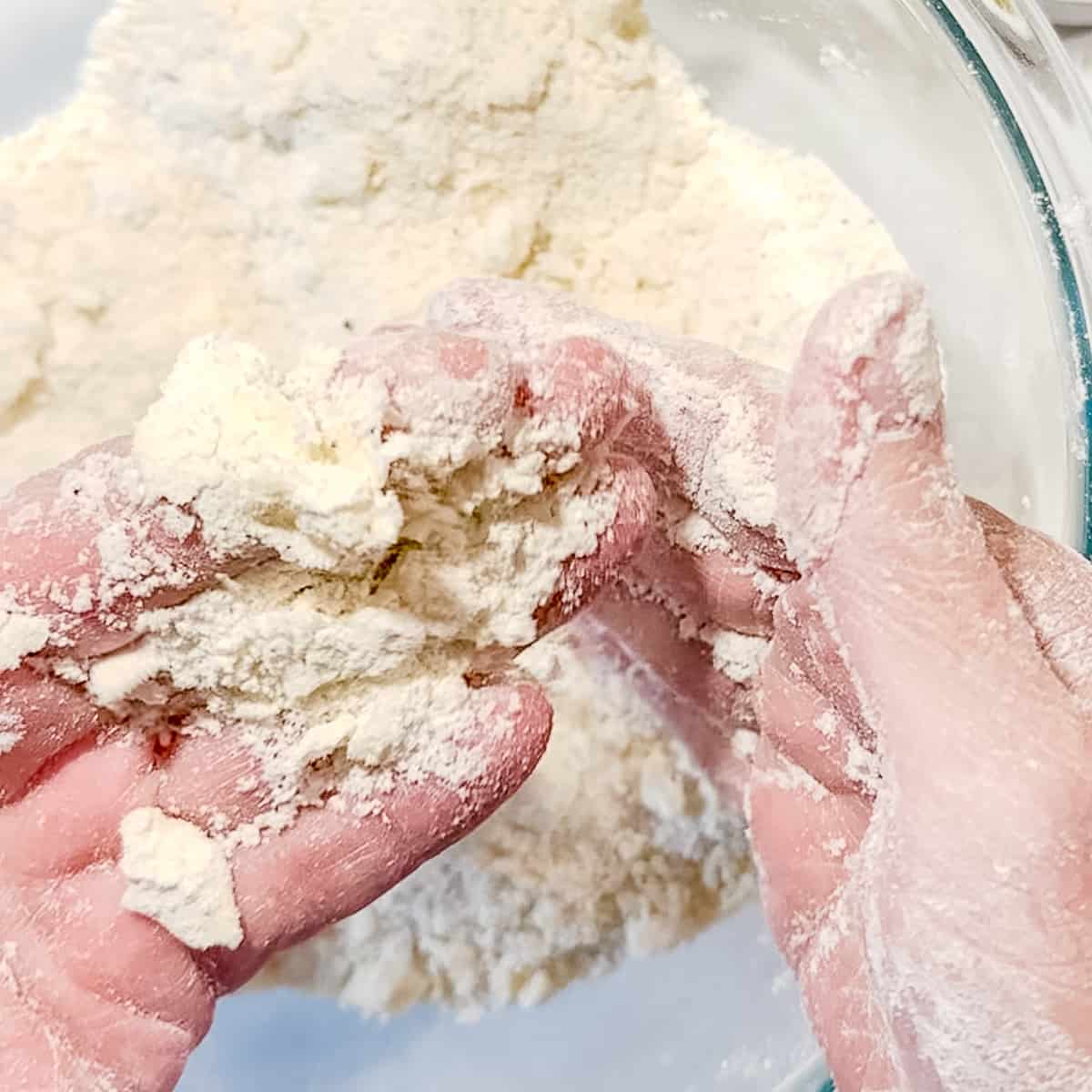 demonstrating texture of flour and butter combination for biscuits.