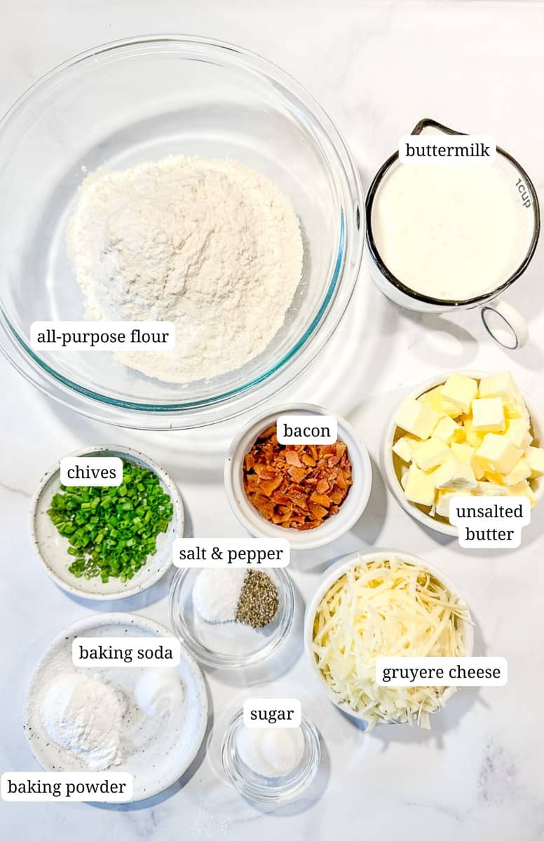 Ingredients for gruyere biscuits with bacon and chives.