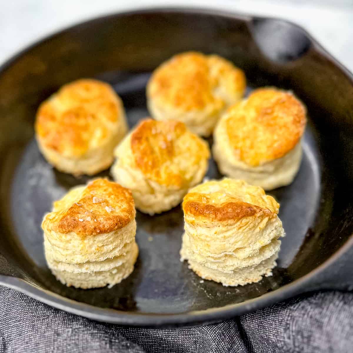 flaky buttermilk biscuits in a cast iron pan/