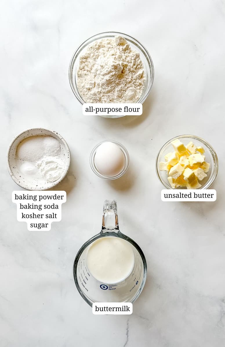 ingredients for small batch buttermilk biscuits.
