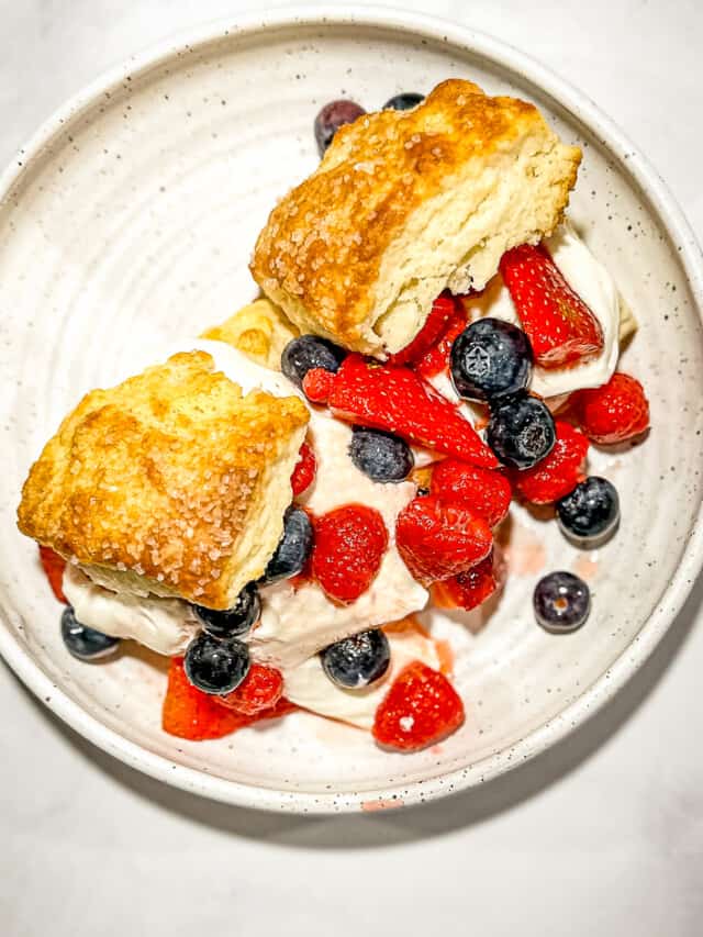 sweet biscuit berry shortcake in a white bowl.