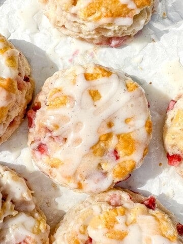 strawberry biscuits with vanilla glaze.