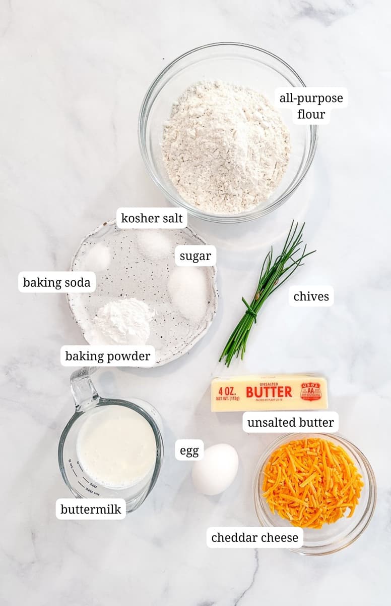 ingredients for cheddar chive biscuits.
