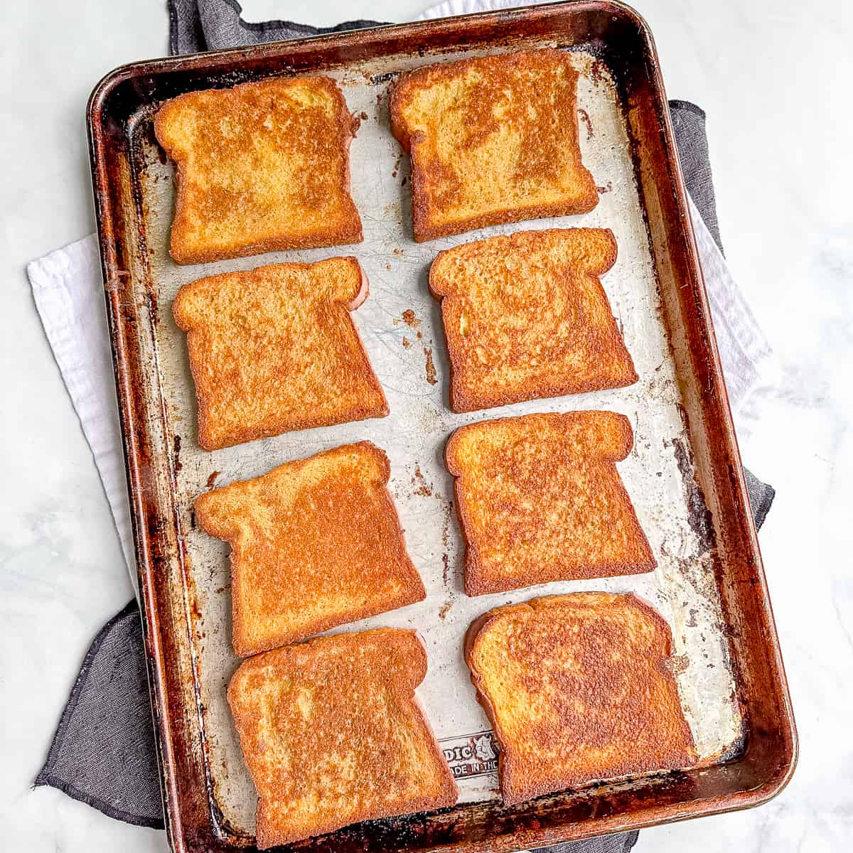 sheet pan french toast fresh out of the oven.