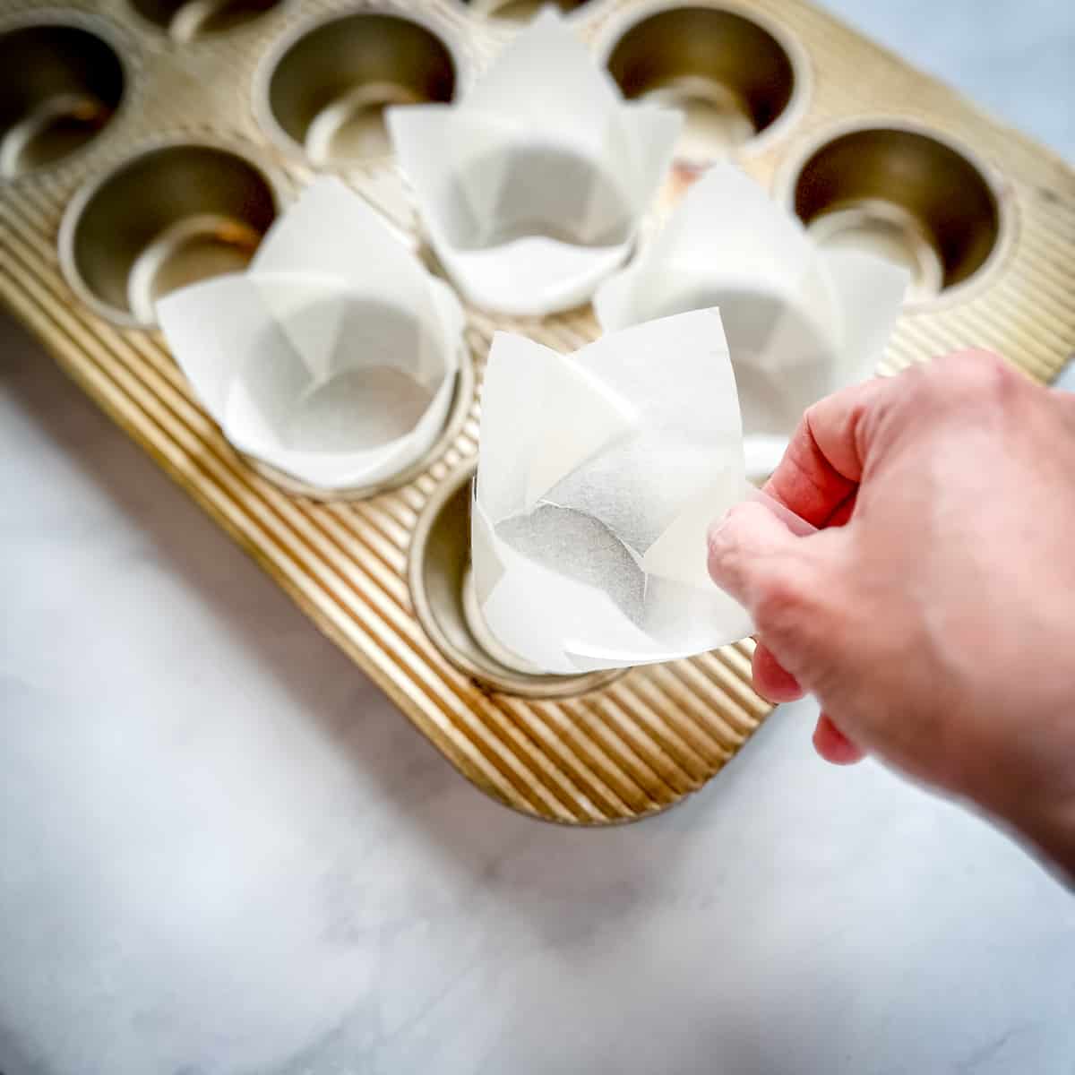 placing jumbo muffin liners into a muffin pan.