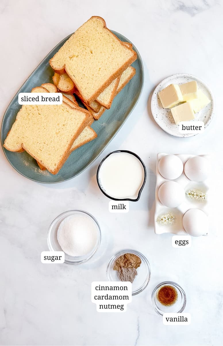 labeled ingredients for sheet pan french toast.