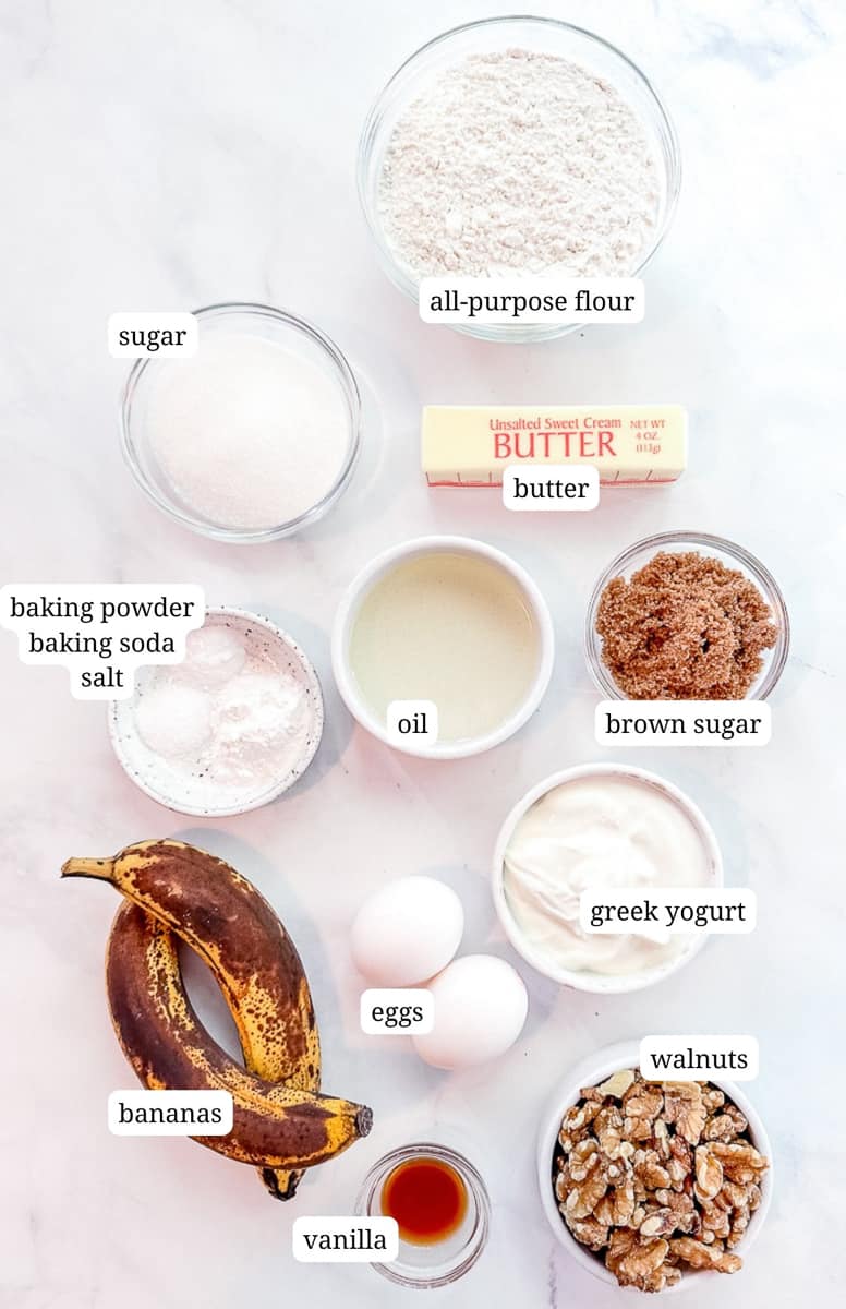 labeled ingredients for banana nut yogurt muffins.