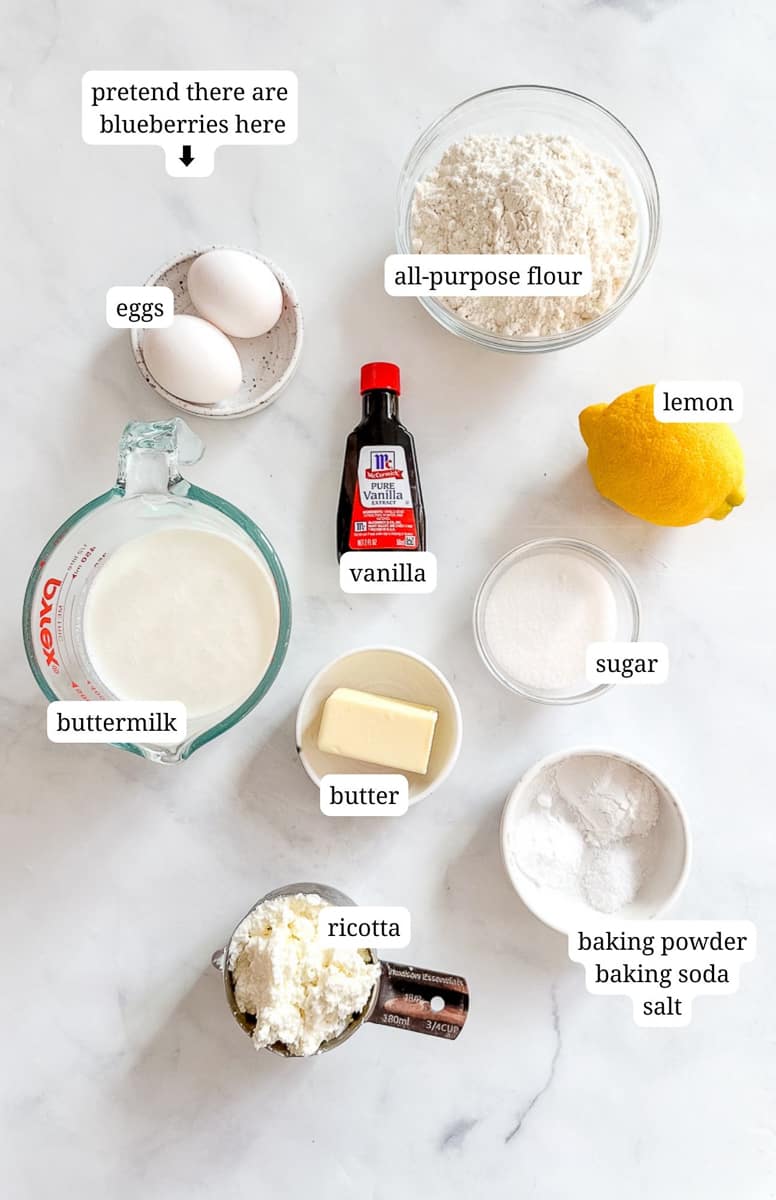 ingredients to make lemon ricotta blueberry pancakes.