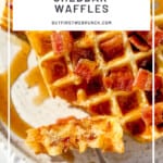 pinterest image of bacon and cheddar waffles.