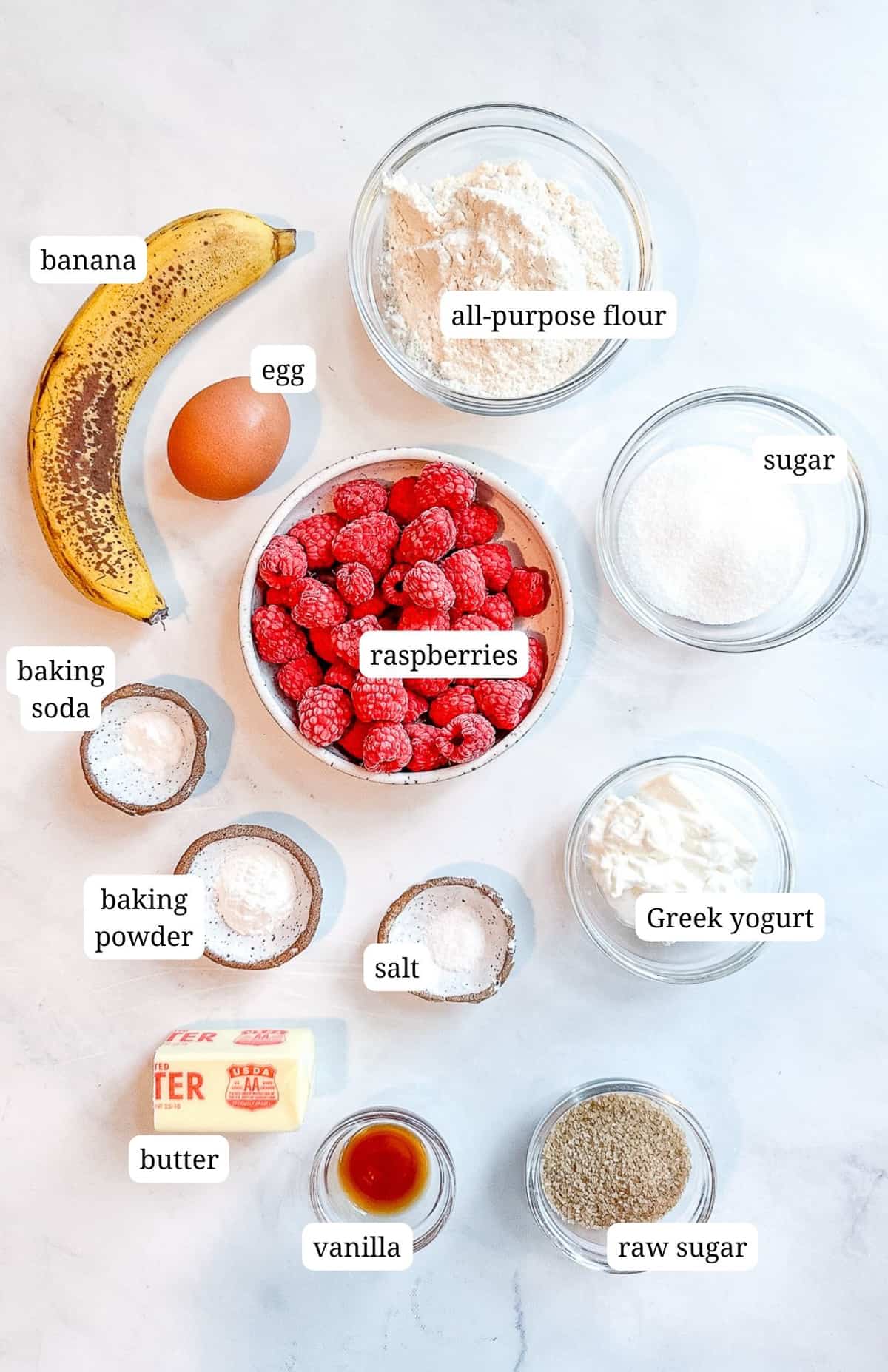 Labeled picture of ingredients for raspberry banana muffins.