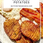 Pinterest image of crispy accordion potatoes with bacon and eggs.