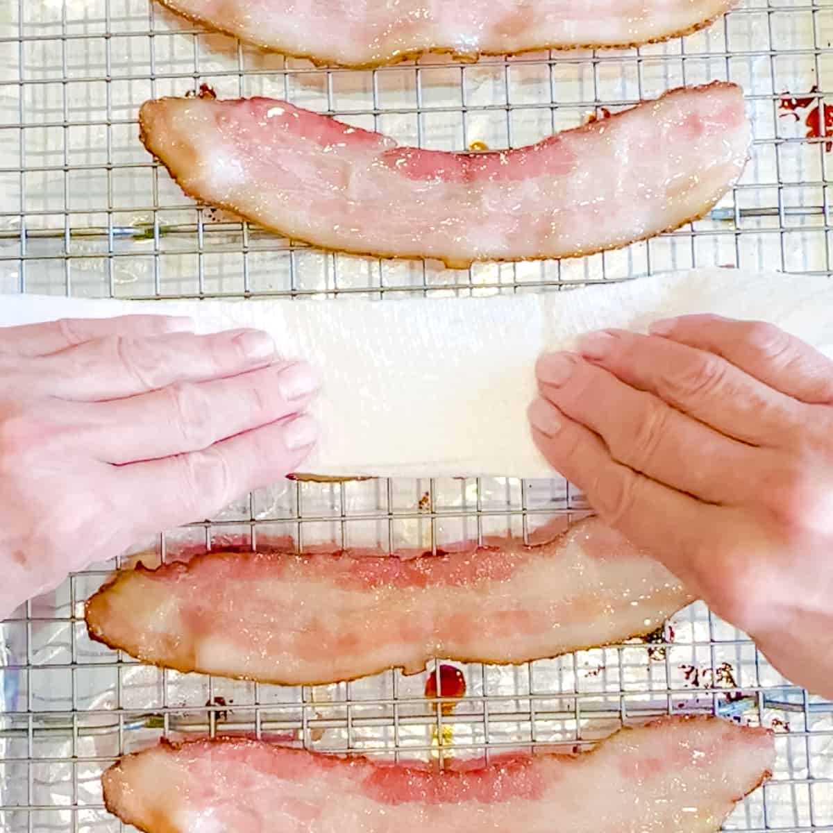 Blotting grease off of bacon with paper towel.