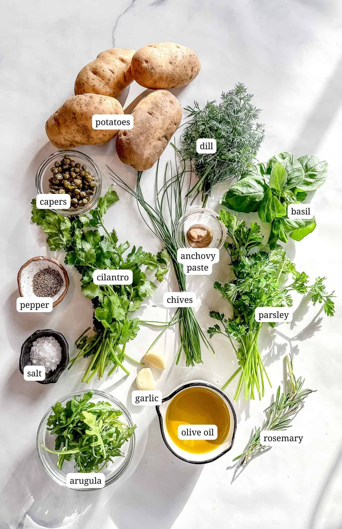 Labeled image of ingredients needed to make crispy potatoes with salsa verde.