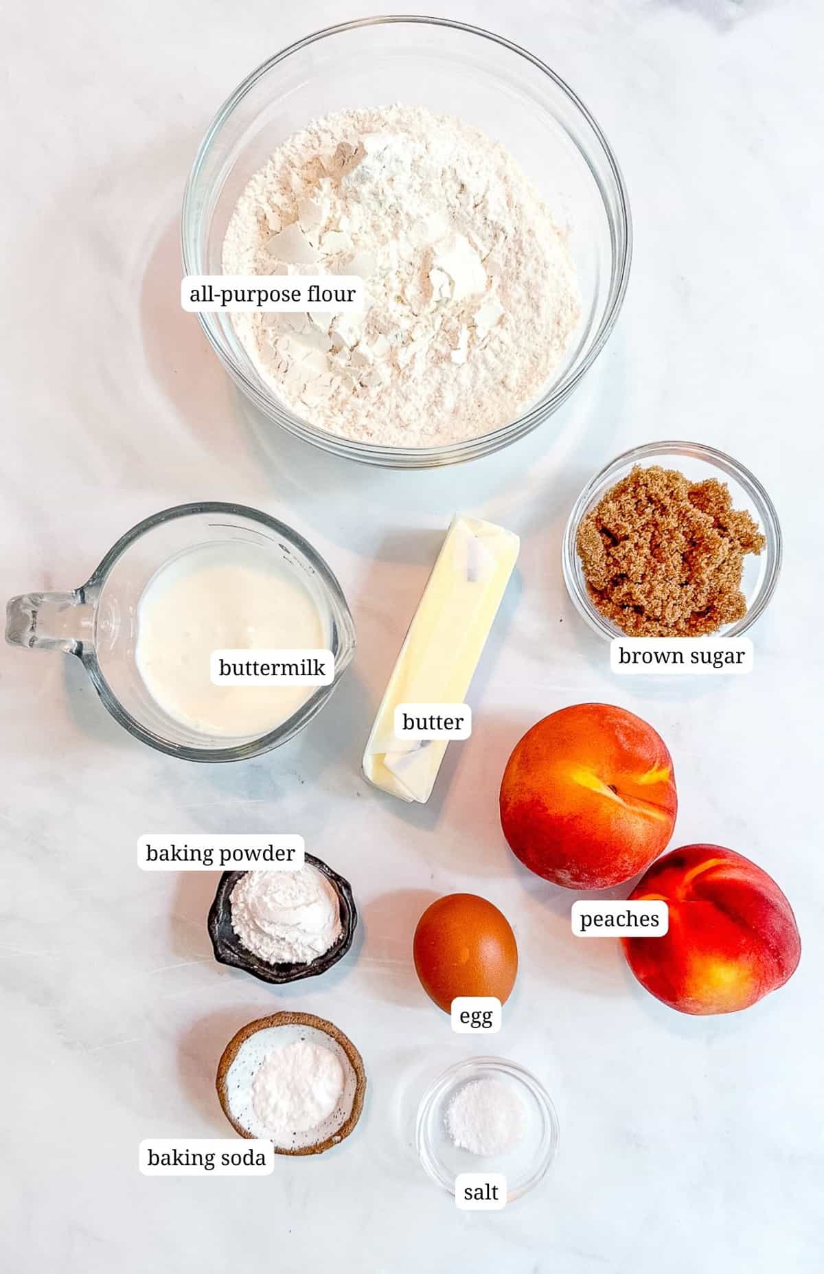 Labeled image of ingredients to make peach streusel biscuits.